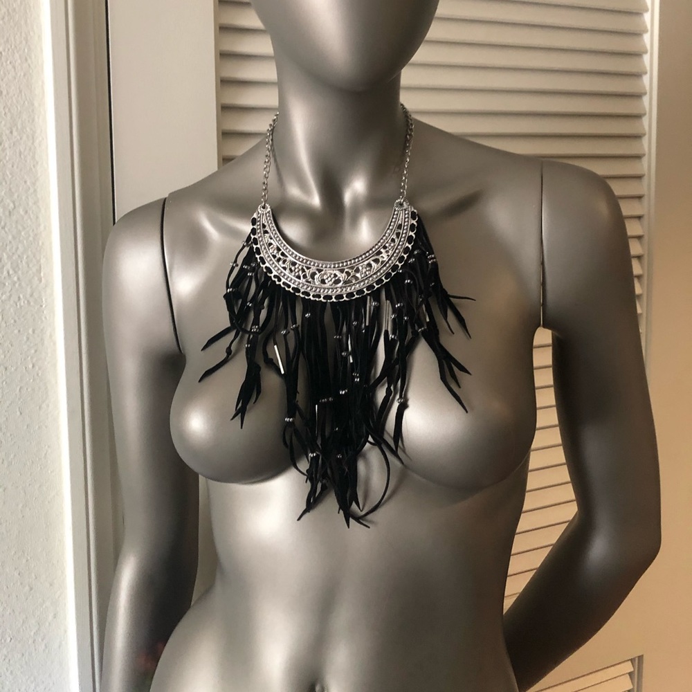 Vintage Boho Fringe & Bead Silver Necklace